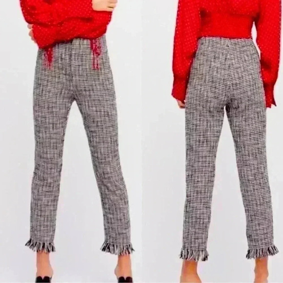 Free People Cotton Tweed  high waisted Pants with fringe on bottom Size 2 - Picture 2 of 9